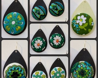 vintage fabric earrings. Retro fabric. Flower power. Flower earrings. Handmade earrings. 70s jewellery. Upcycled earrings. Green