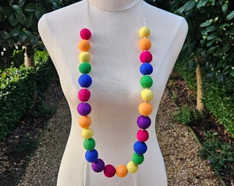 Rainbow felt ball necklace. Fun free trade feltballs necklace. Winter necklace. Wool felt balls. Festival fashion. Bright jewellery