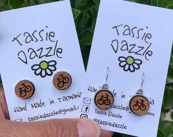 Bicycle earrings. Tasmanian timber earrings. Bike dangles. Bicycle studs. Blackwood. Wooden earrings. Bike earrings. Cycling earrings