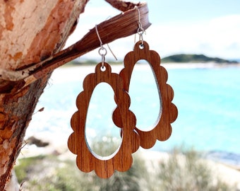 Tasmanian Blackwood cloud earrings.  teardrop earrings. dangle earrings. Wooden earrings. statement earrings. Handmade in Tasmania.