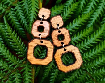 Geo dangles. Tasmanian timber earrings. Retro style jewellery. Blackwood. Wooden earrings. Statement earrings. Australian handmade