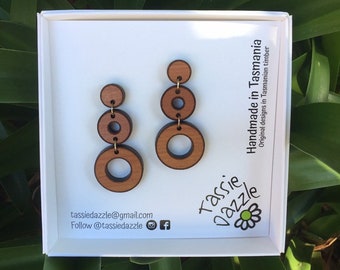 Tasmanian Myrtle. statement earrings. handmade. sustainable. wooden jewellery. boho. hippy. festival. wooden earrings