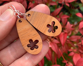 Tasmanian Blackwood flower teardrop earrings. dangle earrings. wooden earrings. Flower power. hippy style. boho. groovy. festival fashion.