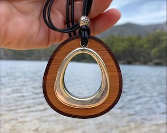 Beautiful solid Tasmanian Blackwood and silver metal pendant necklace. Wooden necklace. Australian made jewellery. Classic necklace