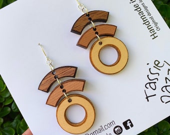 Tasmanian timber combo dangles. Blackwood. Myrtle. Huon pine. Wooden earrings. Festival fashion. Boho style. Australian handmade. Groovy