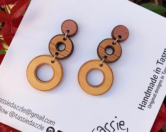 Circle dangles. Mixed timber earrings. wooden earrings. Tasmanian timber. Blackwood. Myrtle. Huon Pine. Australian handmade