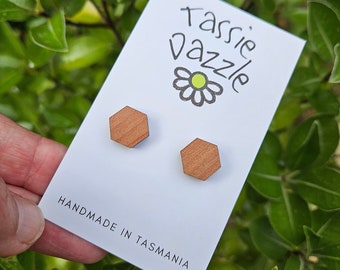 Hexagons studs. Tasmanian timber. Wooden stud earrings. Hexagon earrings. Blackwood earrings. Myrtle. Wooden earrings. Wood studs. Hexagons