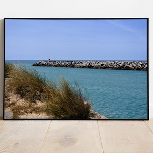 Algarve Portugal coast photography, Nautical blue horizontal photographic print, Ocean lighthouse wall decor, Large format art poster