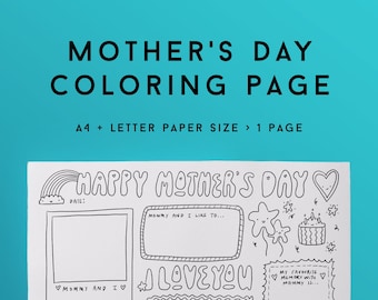 Personalised Mother’s day coloring page, printable kids activity placemat, mothers day card, mothers day gift for kids, activity sheet