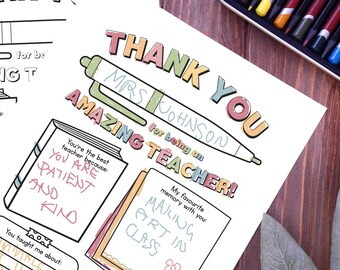 Illustrated teacher thanks, kids coloring page, thank you teacher, best teacher present, end of year gift, teacher appreciation week sheet
