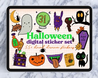 Halloween planner stickers, kawaii halloween png bundle, digital fall stickers, cute sticky tabs october bujo, iPad planner stickers