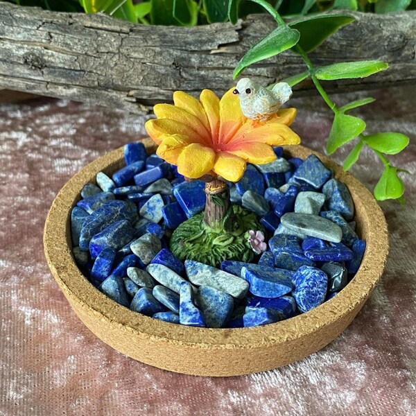 Lapis Lazuli Crystal Fairy Garden nestled in a Cork Coaster - Fairy Garden - Lapis Lazuli - Miniature Bird Bath - Crystal Fairy Garden