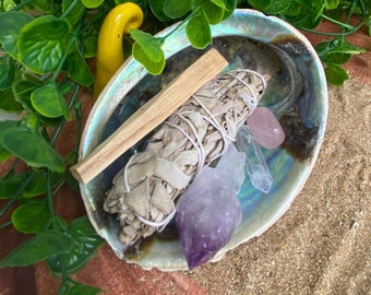 Self Care Crystal and Smudging Bundle - Self Care - Abalone Shell - Amethyst - Rose Quartz - Clear Quartz - Palo Santo - White Sage