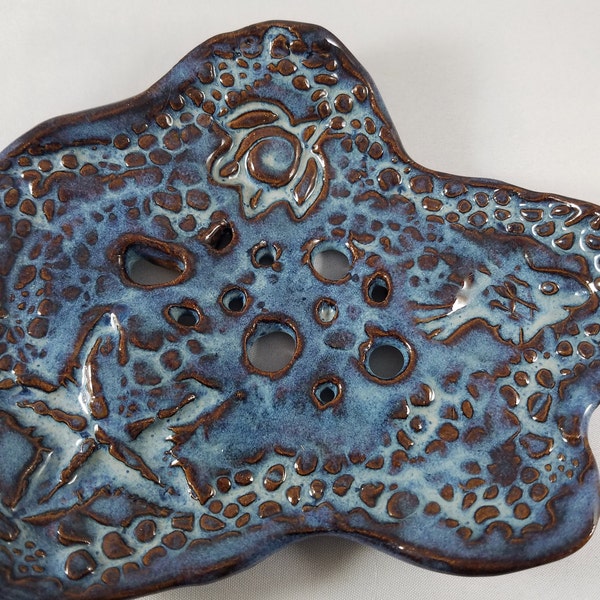 Sea creatures ceramic soap dish, handmade, colored deep blue. Approx. 5" x 6", with drain holes. Ceramic art. Bathroom or kitchen.