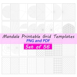 Op de afbeelding: Een verzameling van 56 mandala afdrukbare raster sjablonen in PNG- en PDF-formaten. De sjablonen bevatten verschillende geometrische ontwerpen, waaronder radiale patronen en bloemmotieven, allemaal in grijstinten.