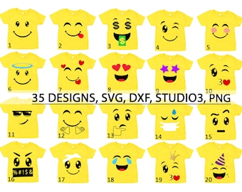 Emoji Shirt PNG, SVG, DXF, STUDIO3 / 35 pack /  Emoji Svg, Emoji Clipart svg, Emoji Birthday Shirt Svg, Emoji  outfit