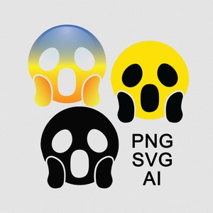 May include: Three variations of a surprised emoji, one in blue and orange, one in yellow, and one in black. The emoji has a wide-open mouth and large eyes.
