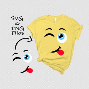 May include: A yellow t-shirt with a winking smiley face with a tongue sticking out. The text "SVG & PNG Files" is in black text on the left side of the image.