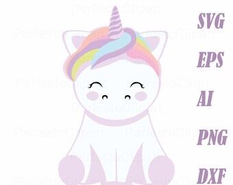 May include: A cute cartoon unicorn with a rainbow mane and horn sitting on a white background. The unicorn has a pink nose and cheeks and is smiling.