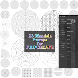 May include: A set of 23 digital mandala stamps for Procreate, featuring various geometric designs, including circles, squares, and flower of life patterns. The stamps are designed to help users create intricate and beautiful mandalas.