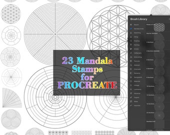 May include: A set of 23 digital mandala stamps for Procreate, featuring various geometric designs, including circles, squares, and flower of life patterns. The stamps are designed to help users create intricate and beautiful mandalas.