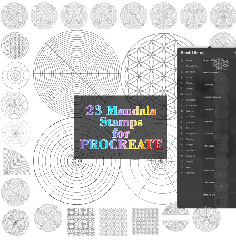 Mandala Grid Stamps for Procreate, Mandala Brush for Procreate, Mandala