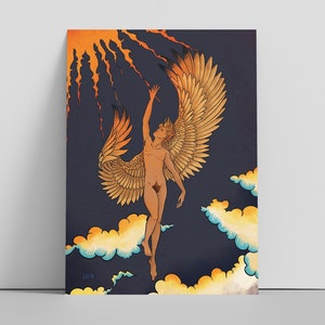 May include: A digital illustration of a person with wings reaching towards a sun with rays of light. The person is nude and has a golden halo. The background is a dark blue with clouds.