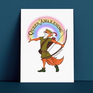 Puede incluir: Un zorro de dibujos animados vestido como Robin Hood con un arcoíris sobre él que dice "Queer Awakening".