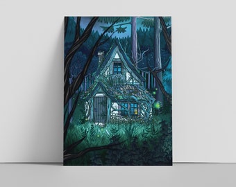 May include: A small, white cottage with a dark green roof and vines growing up the walls. The cottage is surrounded by trees and bushes, and there are fireflies in the air. The scene is set at night, and the cottage is lit by a single window.