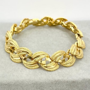 Vintage Gold Plate 1970’s Brutalist Bracelet Textured & Glossy Unusual Link Costume Jewellery
