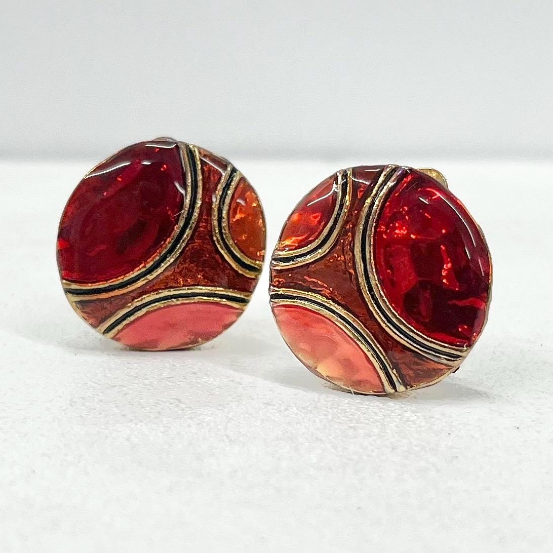 Boucles D'oreilles Clips Années 80 Skalli Paris - Orange & Doré - 2 Cm - Occasion