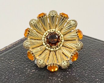 Broche Vintage Art Déco - Cristaux Tons Orangé - Années 50 - Alliage - Occasion