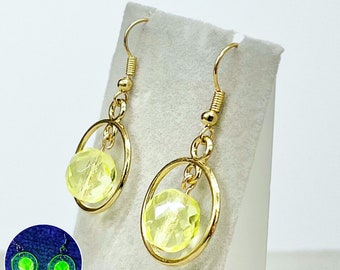 Vintage Yellow Uranium Crystal Ring Drop Earrings Gold Plate with UV Reactive Glow