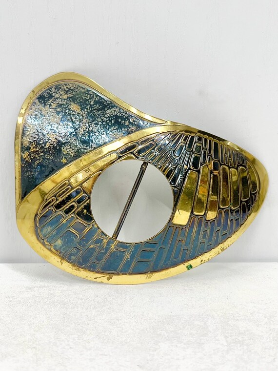 Vintage Hand Hammered Brass Belt Buckle Israel Artisans Statement Large Curved‎ ISRAEL Hand Made Solid Brass Belt Buckle BUCKLER 1979 Made  main image 2