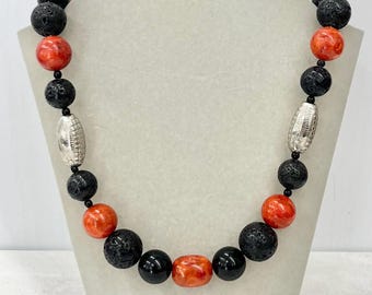 Vintage Black Lava Beaded & Red Agate Chunky Bead Necklace with Silver Accents Long 21”