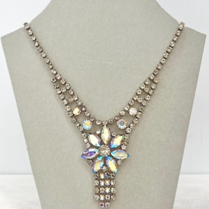 Impressive Vintage Silver Tone Flower Drop Tassle Necklace with Aurora Borealis Crystals 1960’s