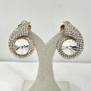 Stunning Vintage Clear Pave Crystal Gold Tone Rivoli Clip On Earrings Excellent Quality