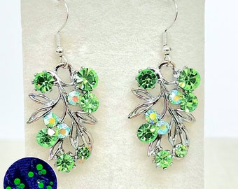 Vintage Green Uranium Crystal Floral Leaf Drop Earrings Silver Plate with UV Reactive Glow