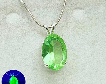 Sterling Silver Uranium Glass Oval Cut Crystal Pendant & 18” Chain with a UV Reactive Glow UV Jewellery Necklace