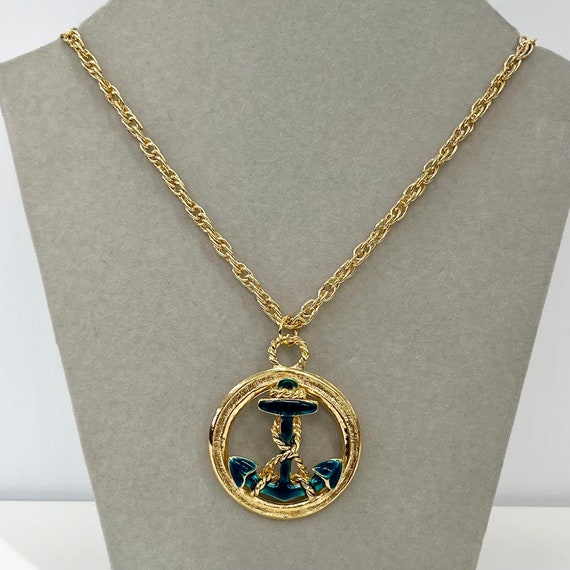 Vintage 1980‘s Gold Plate Teal Enamel Anchor Pendant Necklace with an 18”  Chain ‘NEW’ Vintage Dead Stock