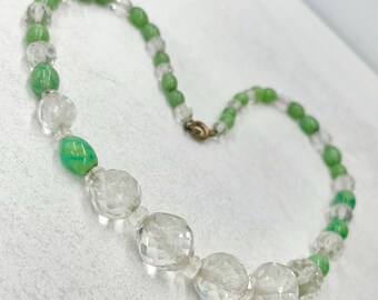 Art Deco 1930’s Green & Clear Faceted Glass Bead Necklace Czech Firepolished Beads Vintage Jewellery 17” Long