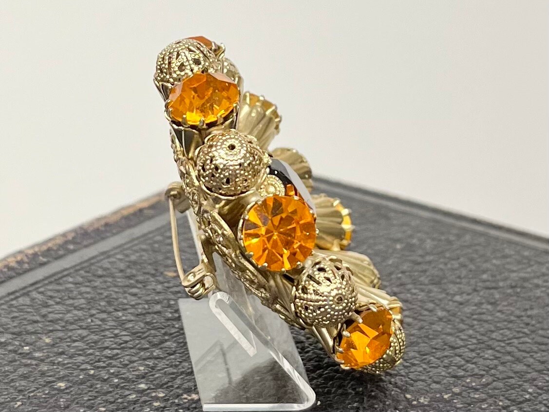 Broche Bombée Vintage Art Déco - Cristaux Orange - Années 50 - Occasion