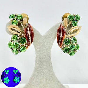 May include: A pair of gold-tone clip-on earrings with green and brown accents. The earrings feature a cluster of green rhinestones and a brown leaf design. The rhinestones glow green under a black light.