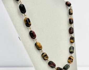 Vintage Three Coloured Tigers Eye Bead Necklace Blue Red Brown Semi Precious Beaded Necklace 24” Long Fabulous Beads