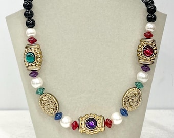 Vintage Chunky Multi Coloured Black & Gold Etruscan Acrylic Bead Necklace Statement Jewellery 19” Long with a 2” Extender Chain