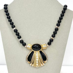 Vintage Black & Gold Glass Bead and Enamel Statement Necklace with Crystal Diamantés 18” Long