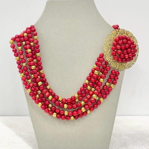 Vintage Red Coral Multi Strand Choker Necklace Statement Red