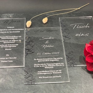 Einladung zur Hochzeit aus Acrylglas | Eucalyptus | Hochzeitspapeterie | Menükarte | transparent | edel