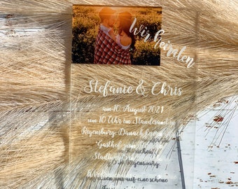 Einladung zur Hochzeit aus Acrylglas mit Foto | Hochzeitspapeterie | Menükarte | transparent | edel