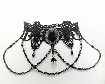 Halskette, schwarze Spitze, schwarzer Cabochon, viktorianischer Stil, Gothic, Steampunk, Valentinstagsschmuck